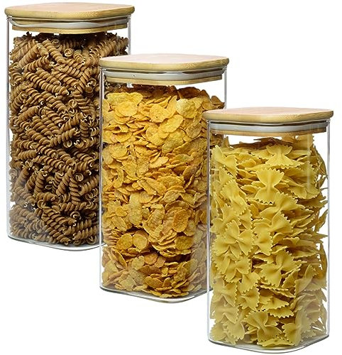 gouveo Lot de 3 bocaux à provisions 1500 ML en Verre borosilicaté carré avec Couvercle - Récipients en Verre, bocaux à épices, boîtes en Verre, boîte à provisions