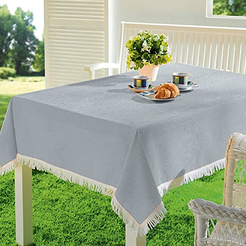 EMHELLE Gartentischdecke Garten Balkon Terrasse Tischdecke Camping Picknick Rund Oval Eckig Außen und Innenbereich Rutschhemmende Oberfläche mit weißen Fransen (130 x 180 cm, Silbergrau)