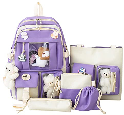 DACHAIHU Kawaii Backpack 5Pcs Set Aesthetic School Bags 17in Cute Bookbag with Badge&Pendant,Shoulder Bag,Pencil Box,Tote Bag,Small Bag Purple