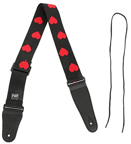 Vaguelly Gitarrengurt Verstellbarer Nylon- Schultergurt mit Pu- Enden Gestickter Gitarren- Schultergurt mit Rotem Herzmuster