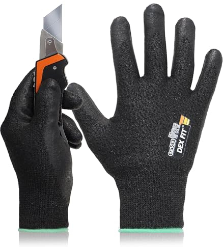 DEX FIT Guantes Anticortes de Nivel 5 Cru553 Prime, Ajuste Cómodo Elástico 3D, Buen Agarre, Recubrimiento de Espuma Duradero de Nitrilo, Táctil, Fino y Ligero, Lavable; Negro M (8) 1 par