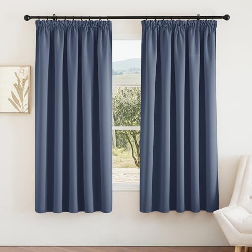PONY DANCE Pencil Pleat Blackout Curtains - Room Divider Wide Window Drapes for Sunlight Block Out Privacy Protected Panels for Living Room Bedroom, W66 X L72, 2 Panels, Haze Blue