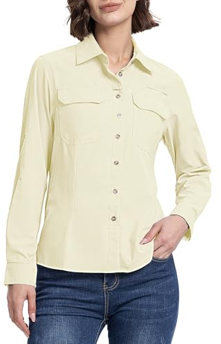 33,000ft Camisa para mujer UPF50+ con protección UV, de secado rápido, para tiempo libre, manga larga, para senderismo, pesca, safari, viajes, golf, amarillo claro, XL