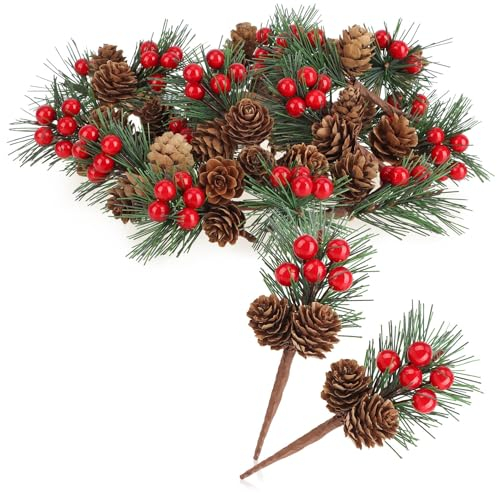 com-four® 20x Branches décoratives avec cônes de mélèze, Baies Rouges et Aiguilles d'arbre - Paillettes de Noël - Branches décoratives pour couronnes (6 pièces - Damier Rouge)
