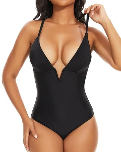 SHAPERIN Women's One Piece Swimsuit Deep V Neck Bathing Suits Tummy Control Push Up Padded Swimwear (Medium,Black)