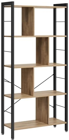 VASAGLE Regal, Bücherregal, Büroregal mit 5 Ebenen, Standregal, Aufbewahrungsregal, groß, Metallgestell, kamelbraun-tintenschwarz LBC012B50