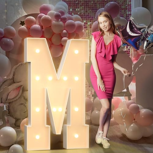 4FT Light Up Letters Birthday Decoration Large Cardboard Letters M for Party, Marquee Letters for Graduation Decorations Wedding Decor, Mosaic Arch Stand Pre-cut DIY