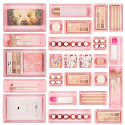 Vtopmart 25 PCS Plastic Drawer Organizers Set, 4-Size Versatile Bathroom and Vanity Drawer Organizer Trays, Storage Bins for Makeup, Bedroom, Kitchen Gadgets Utensils and Office