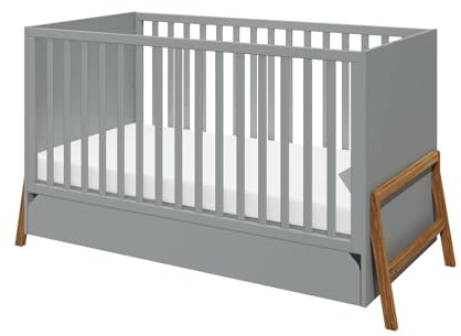 Siblo Babybett mit Schublade 70x140 cm - Lotta Kollektion - Beistellbett Baby aus Holz - Kinderbett umbaubar - Bett Baby Mitwachsend - Gitterbett - Grau