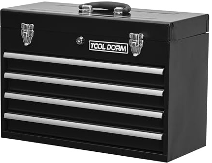 TOOL DORM Werkzeugkoffer mit 4 Schubladen, Werkzeugkiste Leer mit Tragegriff & Schnappverschlüssen, Werkzeugkasten Abschließbar, 51.6 x 22.4 x 35.6 cm, Schwarz