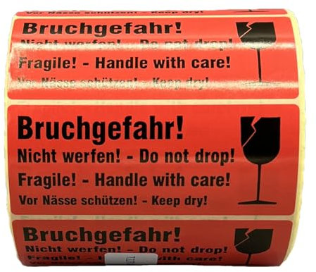 Giese-GEF 1.000 Warnetiketten Bruchgefahr! Do not drop! Nicht werfen! Fragile! Vorsicht Glas - 100 x 40 mm - Etiketten auf Rolle - Aufkleber Papier selbstklebend