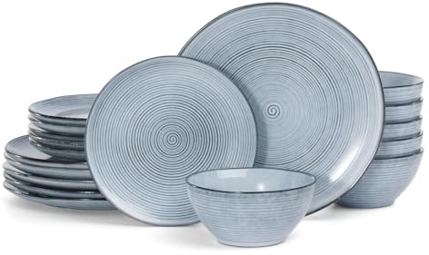 Richmount Tempus Serie Geschirrset, Geschirrset 6 personen, Steingut Geschirr set, 18-teiliges Teller Set, Reaktive Glasur, Mikrowellen- & Spülmaschinenfest, Perlmuttblau