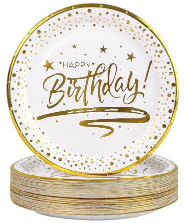 50PCS Happy Birthday Paper Plates 7 inch, Disposable White Gold Dessert Paper Plates Dinner Plates Cake Plate Party Supplies for Birthday Party Decorations (White)