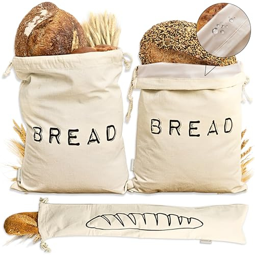 Leafico Reusable Bread Bags – 2 Cotton Storage Bags + 1 Baguette Bag with Food Safe TPU Liner – For Homemade Bread, Sourdough, Artisan Loaves – Freezer Safe & Washable Plastic Alternative