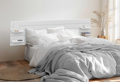 DHOME Testiera in Legno Riciclato DM con Mensole Stile Pallet Orizzontale Comodino Integrato Ripiani per Letto Stile Nordico Ferramenta Inclusa (Bianco Solido, Lit 180cm)