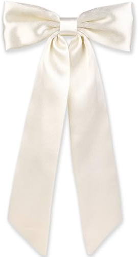WantGor Long Tail Bow Hair Clips, Hair Ribbon Bows Satin Bowknot Clip Large Hair Barrettes Accessories Cute Ponytail Holder for Women Daily Party Wedding Prom (Beige)