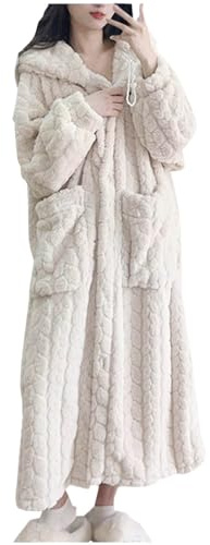 Flodxo Peignoir à capuche pour femmes en polaire douce et pelucheuse - Robe de chambre confortable et chaude - Longue robe d’intérieur pour l’hiver - Peignoir de bain en peluche pleine longueur - Robe