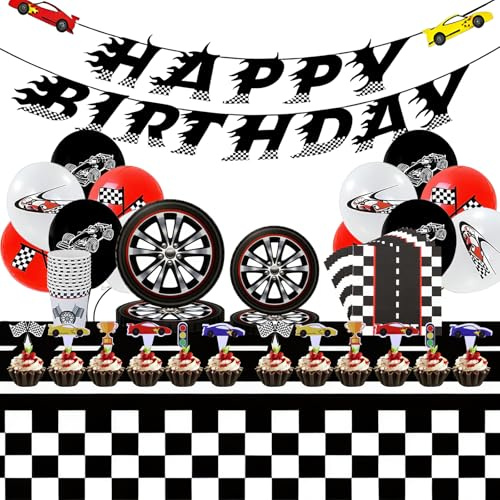 FAELNK Decorazioni per Feste di Compleanno a Tema Auto da Corsa Bicchieri di Carta Piatti di Carta Tovaglioli Tovaglie Alzatine per Torte Striscioni Palloncini in Lattice per 10 Ospiti