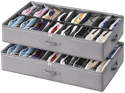 unycos - Juego de 2 Organizadores de Zapatos Debajo de la Cama【16 pares】 Cajas de Almacenaje de Tela no Tejida, Plegables con Tapa Transparente de PVC y 3 Asas