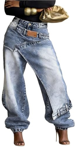 Pantalones Vaqueros Casuales de Las Mujeres Holgados de Pierna Ancha for Las Mujeres Y2K de Talle Alto Patchwork Dobladillo Dividido pantalón de Mezclilla