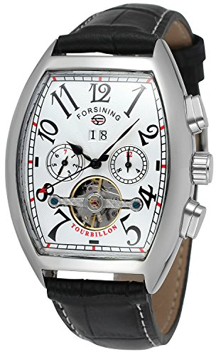 FORSINING Men's Automatic Waterproof Rectangle Watch Calendar Leather Strap Tourbillon Watch