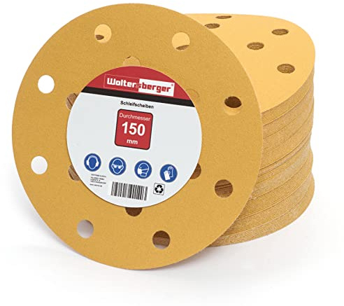 Woltersberger® 50 Stück Exzenter Schleifscheiben Ø 150mm | Körnung P180 | 15 Loch in gold | Schleifpapier für optimales schleifen, vielseitig einsetzbar