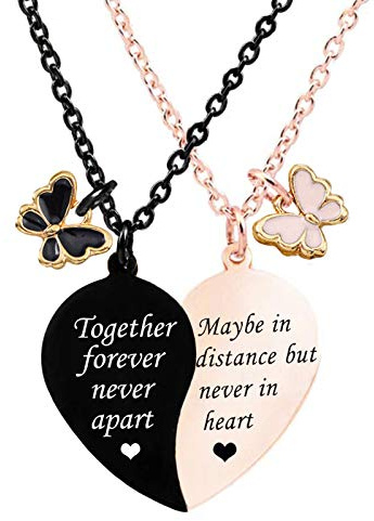 MJartoria BFF Necklace for 2-Valentines Heart Matching Necklace Best Friends Pendant Friendship Necklace Set of 2 Gifts for Women (Rose Gold+Black, together forever-butterfly)