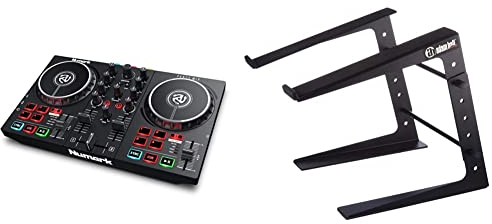 Numark Party Mix II – DJ Controller Pult mit 2 Decks, eingebauten DJ-Lichtern & DJ-Mixer; unterstützt direktes Streaming von TIDAL, SoundCloud u. mehr & ah Stands SLT001E Laptopständer, schwarz