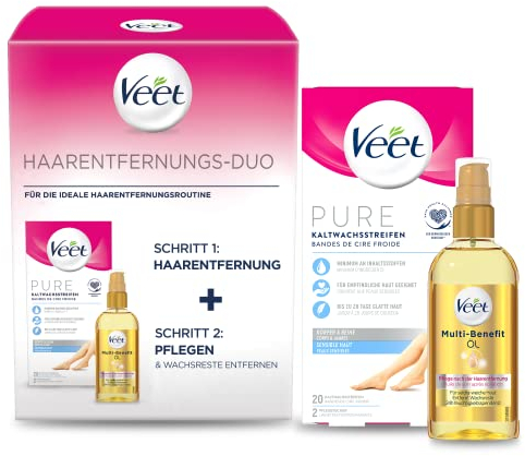 Veet Haarentfernungs-Duo - PURE Kaltwachssteifen Körper und Beine 20 Stück und Multi-Benefit Öl 100 ml – Haarentfernung + Pflegen und Wachsreste entfernen​