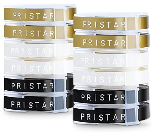 Pristar Kompatibel Omega Etikettenband mit Dyno Prägeband 3D Kunststoff 9mm x 3m für Omega Junior Etikettenprägegerät Vinyl-Prägeetiketten, Weiß auf Schwarz/Transparent/Gold 12 Pack