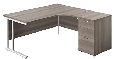 Office Hippo Heavy Duty Right Corner Radial Desk With 3 Drawer High Storage, Home Office or PC Desk, 5 Yr Wty, MFC - Grey Oak, White Frame, 160cm x 160.4cm