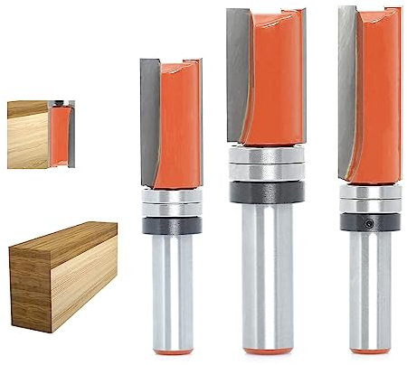 Sinoprotools 3pcs Flush Trim Router Bit Set 1/2 inch Shank, Cut Dia: 3/4, Cutting Length 1-1/4,1-1/2 , 2, Top Bearing Flush Cut Trim Router Bit for Woodworking