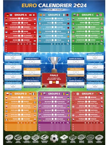 AhfuLife Calendrier Euro Foot 2024, 1Pcs Calendrier Mural Euro Championnat pour Euro Decor 2024 - A1 Affiche de Football - Inclure 24 Pays Phase de Groupes et Résultats du Finale pour Fans de Foot