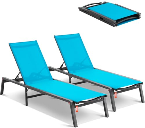 VEVOR Sedie a Sdraio da Esterno in Alluminio, Sedie da Giardino Pieghevoli con 5 Posizioni Regolabili, Sedie Piscina o Abbronzanti Piatte Reclinabili e per Patio, Spiaggia, Piscina, Blu 2 Pezzi