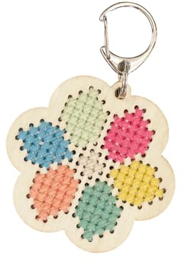 COTTON TWIST Make Your Own Flower Cross Stitch Keyring Wooden Craft Kit | Plastic-free pack includes pastel cotton threads and a durable metal embroidery needle to create a keyring for rucksacks.