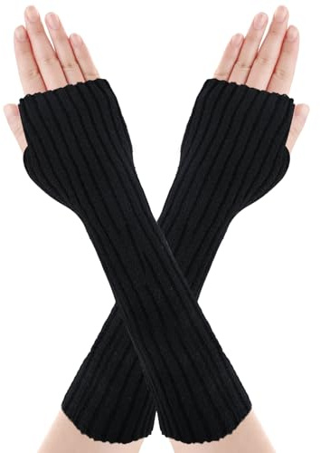 SGQTZDZQ Knitted Wrist Warmers Womens, Autumn Winter Arm Warmers with Thumb Hole, Fashion Long Fingerless Gloves for Women Girls (Black)