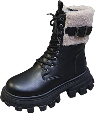 Botines para mujer con cordones de piel, con cordones, forradas, botas de invierno, antideslizantes, botas de nieve de media altura, tacón de bloque, suela de perfil, botas de saltar, Negro , 39 EU