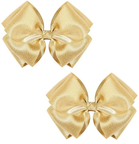 Double-Layered 4.5” Satin Bow Hair Clips for Girls & Toddlers – Cute, Fashionable & Comfortable Accessory for Special Occasions (Gold)