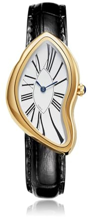 Gosasa Creative Melting - Reloj de Pulsera analógico de Cuarzo para Hombre, Elegante, Correa de Piel auténtica, Esfera con números Romanos, Impermeable, para Negocios, Informal, para Vestir, Oro