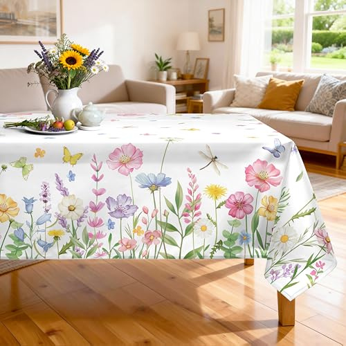 Arquiel polyester bordsduk med vilda blommor, tvättbar, 152 x 264 cm | Återanvändbar, tvättbar polyester bordsduk med akvarell blommönster för kök, matsal och festlig bordsdekoration