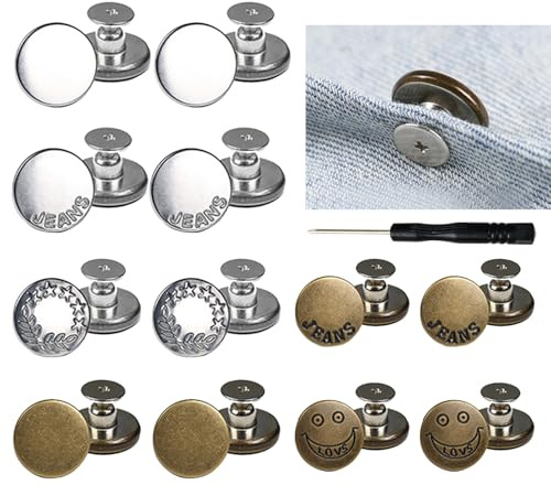 Ferizzia 12 Pièces Bouton de Jeans, Bouton Pantalon Jean Amovible, Remplacement de Boutons, Réglables et Réutilisables, avec Tournevis, pour la Réparation de Vêtements, Denims, Vestes
