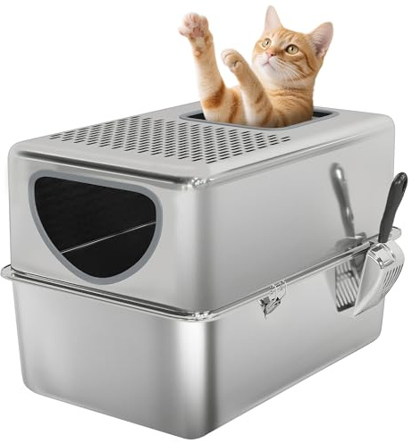 PawHut Arenero para Gatos de Acero Inoxidable XL Caja de Arena para Gatos Arenero con Pala Aberturas Dobles Fácil de Limpiar Plata