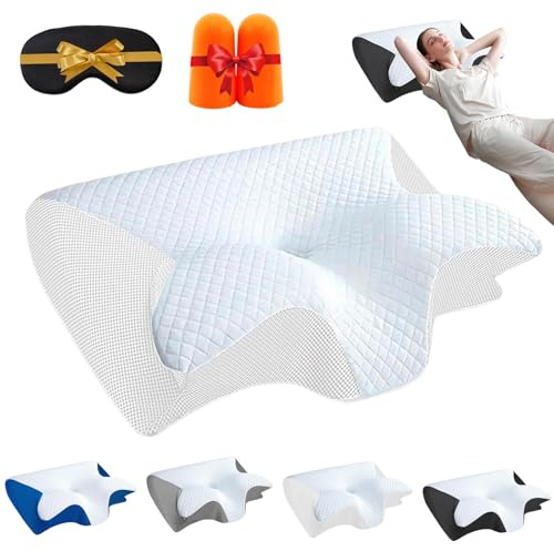 Curosleep Kissen, Ergonomisches Orthopädisches Nackenkissen aus Memory Foam, Ergonomisches Kopfkissen Nackenschmerzen, für Rücken, Seiten und Bauchschläfer, Waschbarer, Kühler Kissenbezug (Weiß)