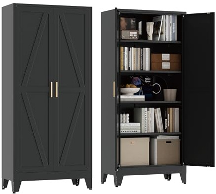 XIUSVON 71 Tall Pantry Cabinet, White Metal Pantry Storage Cabinet, Kitchen Pantry Storage Cabinets with 2 Door and 4 Adjustable Shelves (Black, 71 H)