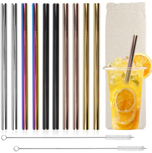 YUE QIN 10 Stück Bunt Strohhalme Edelstahl Wiederverwendbar Bubble Tea Strohhalme mit 2 Reinigungsbürsten und Tasche Metall Trinkhalme Gerade 304 Edelstahl Strohhalm für Cocktail Smoothie Milchshake