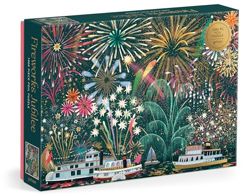Galison Fireworks Jubilee – 1000 Piece Foil Jigsaw Puzzle Featuring Beautiful Artwork of Fireworks Overlooking Boats On The Water