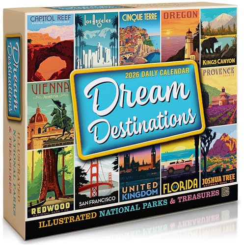 Dream Destinations 2026 Daily Desk Calendar: Page-a-Day Travel Calendar with Illustrated National Parks & World Treasures – Day-to-Day Desktop Calendar for Home or Office