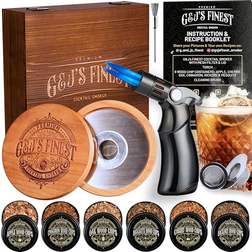 Whiskey Smoker Kit with QuadTorch, 6 Wood Chips & Wood Box for Smoking Drinks| Cocktail Smoker Kit| Bourbon Smoker Kit| Smoked Old Fashioned Kit| Whiskey Gift for Men, (No Butane Incl.)