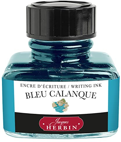 Jacques Herbin 13014T - One 30 ml bottle of ink for fountain pens and rollerball pens, Calanque blue colour - made in France - Calligraphy and Writing