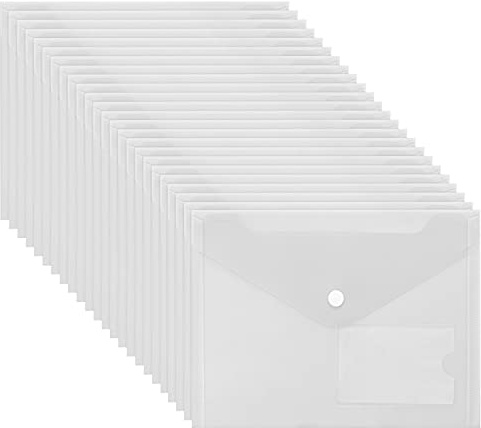 Belle Vous Carpeta para Documentos A5 Plástico Transparente (Pack de 24) Carpetas Sobre Cierre Botón a Presión y Bolsillo para Tarjeta – Hogar, Oficina y Escuela, Papelería, Documentos, Recibos